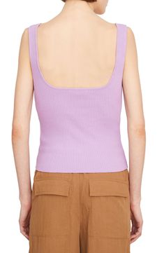 A finely ribbed tank offers a close fit that works wonders as a casual first layer or a sassy solo player. Square neck 46% cotton, 30% viscose, 22% polyester, 2% spandex Machine wash, dry flat Imported Spring Scoop Neck Top With Seamless Construction, Spring Tops With Seamless Construction And Scoop Neck, Spring Cotton Ribbed Vest, Chic Cotton Tank Top With Ribbed Neckline, Fitted Sleeveless Top With Ribbing, Spring Scoop Neck Tank Top With Ribbed Neckline, Spring Tank Top With Scoop Neck And Ribbed Neckline, Spring Ribbed Tank Top, Cotton Top With Seamless Construction For Spring