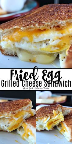 grilled cheese sandwich cut in half and stacked on top of each other with the words, fried egg grilled cheese sandwich