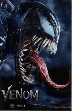 the poster for the upcoming movie, venom is shown in front of a dark background