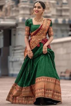 Half Saree Blouse Neck Designs, Fanticy Outfits, Half Saree Function Photo Poses, Tamil Half Saree, Poses On Half Saree, Golden Half Saree, Pattu Half Saree Indian Dresses, Saree Draping Like Half Saree