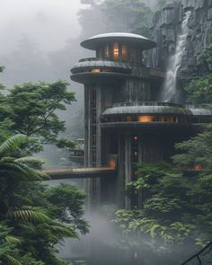 a futuristic building surrounded by trees in the middle of foggy forest with waterfall coming out of it