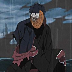 a cartoon character sitting in the rain with an evil look on his face and eyes