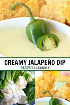 a bowl filled with creamy jalapeno dip surrounded by tortilla chips