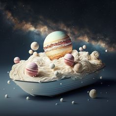 an image of some kind of cake with planets on it and stars in the sky