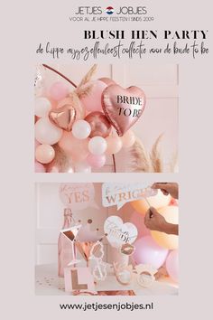 two photos with balloons and other items for a bridal party in pink, white and gold