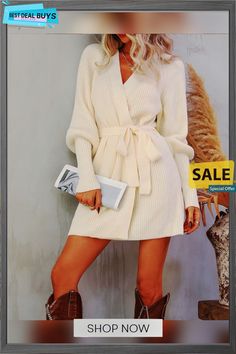 Lantern Sweater Mini Dress Winter White V-neck Mini Dress, Trendy Winter V-neck Mini Dress, White V-neck Mini Dress For Fall, Casual Belted Mini Dress For Fall, Cream V-neck Dress For Fall, Cream Mini Length Winter Dress, White Knee-length Winter Dresses, Winter White V-neck Outerwear For Spring, Trendy Beige Sweater Dress For Spring