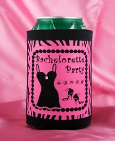 a pink and black can cooler with an image of a woman's dress on it