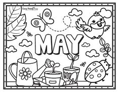 a coloring page with the word may in it's center surrounded by flowers, birds and ladybugs