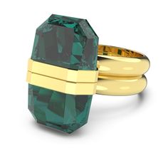 Express your individuality with this playful motif ring. Featuring an emerald-inspired cut crystal in a vibrant green hue, this statement piece has an innovative magnetic closure and gold-tone plated double band. Wear yours solo or stacked with other designs from the Lucent family to dress up a simple outfit.  This ring is part of the Lucent family, designed by Creative Director Giovanna Engelbert for Collection II. Swarovski Ring, Pink Watch, Marquise Ring, Blue Watches, Swarovski Jewelry, Ring Size Guide, Crystal Rings, Nirvana, Earring Backs