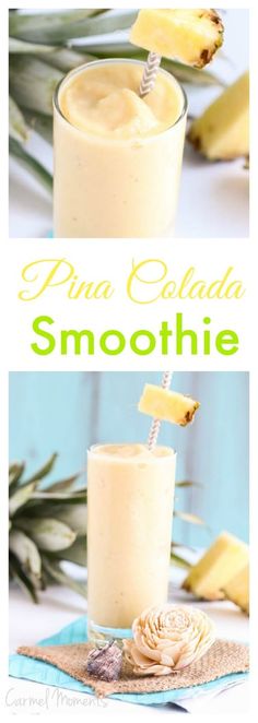 pina colada smoothie with pineapple on the side and text overlay