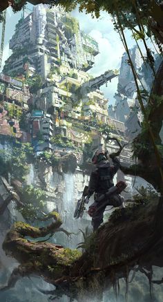 an artist's rendering of a futuristic city surrounded by trees and plants, with a man