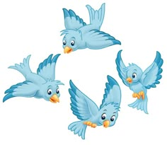 four blue birds with yellow beaks are flying in the air and facing different directions