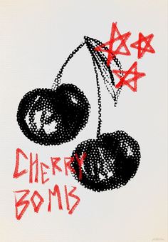 a drawing of two cherries with the words cherry bomb on them