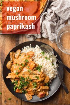 vegan mushroom paprikash on a plate with rice