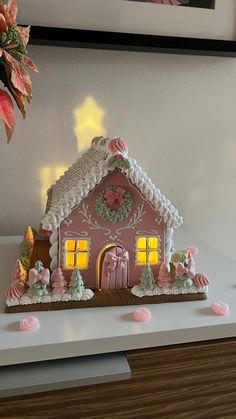 Handmade Pink Clay Gingerbread House, Lit Christmas House, Pastel House Gift - Etsy Gingerbread House Fairytale, Different Gingerbread House Ideas, Gingerbread House Decorations Easy, Gingerbread House Cottage, Pink Gingerbread Houses, Painted Gingerbread Houses On Wood, Gingerbread House Barn, Gingerbread House Beach Theme