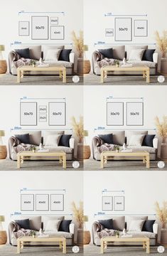 four different views of a living room with couches