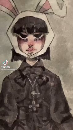 a drawing of a girl with bunny ears wearing a black coat and hat, standing in front of a wall