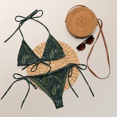 FERN Recycled String Bikini, FORESTCORE Swimming Suit, Witchy Bathing Suit with Fern and Toadstools Mystical print, Nature Swimming Suit, Summer Clothing, Beach Wear, Sustainable Clothing, Up to 6XL, Made in USA Stay comfortable and stylish all summer with this All-Over Print Recycled String Bikini set. It's made from soft recycled polyester with double-layering and UPF 50+. Style the straps how you like, and get ready to swim!  * Soft and stretchy material with UPF 50+ * Sizes up to 6XL * Bikin Green Leaf Print Beachwear Swimwear, Fitted Green Printed Swimwear, Nature Inspired Design, Beach Wears, Sustainable Clothing, Stretchy Material, Ink Color, String Bikinis, Favorite Shirts