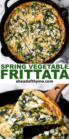 spinach and cheese frittata in a cast iron skillet with text overlay reading spring vegetable frittata