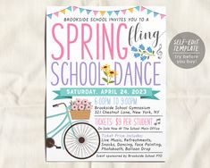 this is an image of a spring school dance party flyer with flowers and a bicycle