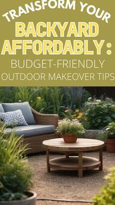 an outdoor patio with plants and potted plants on the ground, text reads transform your backyard