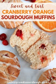 orange cranberry orange sourdough muffins with icing