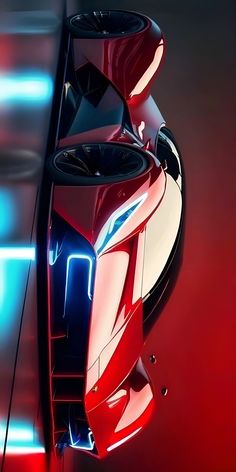 an artistic rendering of a futuristic car in red and blue colors with its hood up