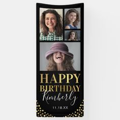 a black and gold happy birthday banner with four photos on it, including the words happy birthday