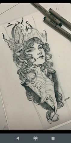 a pencil drawing of a woman with birds on her head