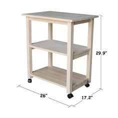 Unfinished and ready for customization Distance from floor to bottom of lower shelf: 3.7 inches Distance between each shelf: 10.4 inches Distance from top of lower shelf to bottom of upper shelf: 11.9 inches Size of each shelf: 23 in W x 14.50 in D Cart dimensions: 26 in W x 17 in D x 28 in H Not rated for commercial use, for residential use only Features Collection Name N/A Color/Finish Family Off-white Base Material Wood Base Color Brown Top Material Wood Countertop Finish Wood Wood Species Ru Microwave Cart, Portable Kitchen Island, Rolling Kitchen Cart, Kitchen Storage Cart, Unfinished Furniture, Portable Kitchen, Concept Home, Storage Cart, Kitchen Tops