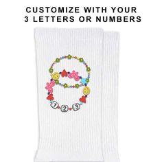 Channel your inner TS style with our Eras Tour-inspired socks—an absolute delight for every Swiftie! You can personalize the bracelet beads with your own letters or numbers, making each pair uniquely yours. Collect a pair or two for a mix-and-match sock exchange with friends—celebrate your love for Taylor Swift in style and share the joy!Available in 3 standard sizes - Please see the sizing chart in the product images for details.Cotton blend socks with a 1/2 cushion sole, ribbed leg, and comfort toe seam.- Machine wash warm, tumble dry warm. Do not use bleach products as this may cause the design to fade. Socks are sold by the pair.- Each order is hand processed in the USA and our socks are imported and made to our specifications. We're a women owned business too! - We use a patented prin Socks Exchange, Friendship Bracelets Designs, Bleach Product, 3 Letter, Custom Socks, Cotton Socks, Text Design, Product Images, Eras Tour