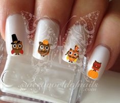 Thanksgiving Nail Art Owls Water Decals Transfers - Etsy Owl Nail Art, Owl Nails, Funky Nail Art, Finger Nail Art, Thanksgiving Nails