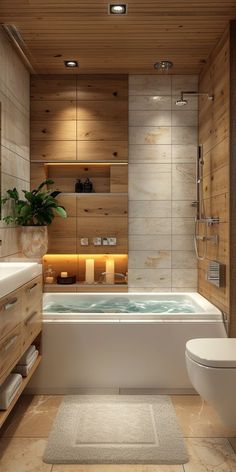 a bathroom with a tub, toilet and sink inside of it on the floor next to a wooden wall