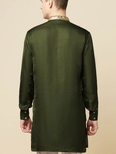 This Olive Green Art Silk Kurta will instantly give an elegant look. This olive green kurta features a gold embroidered placket, and a mandarin collar. The olive green kurta is made of cotton and polyester fabric. An ideal outfit for traditional occasions, and special events.

Size Chart For Men





	
	
					Men's Size Chart
		

		
		
						
				Size Chart For Men
				Custom Size Measurement Guide
			
			
				
				
				Custom Size Measurement Guide
1. Take your measurements at ease…don’t hold y Traditional Green Bandhgala With Stand Collar, Green Long Sleeve Bandhgala With Dabka Details, Green Straight Kurta For Formal Occasions, Festive Long Sleeve Green Nehru Jacket, Green Formal Kurta For Festivals, Green Long Sleeve Bandhgala For Festivals, Green Long Sleeve Kurta For Eid, Green Kurta With Dabka And Long Sleeves, Green Long Sleeve Kurta With Dabka