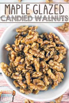 maple glazed candied walnuts in a white bowl