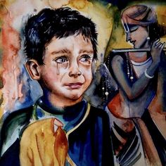 a painting of a young boy with tears on his face and another person in the background