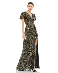 Sequined Wrap Over Butterfly Sleeve Draped Gown Butterfly Sleeve Dress Formal, Drape Gowns, Unique Prom Dresses, Butterfly Sleeve, Sequin Gown, High Quality Dress, Mac Duggal, Gowns With Sleeves, Butterfly Sleeves