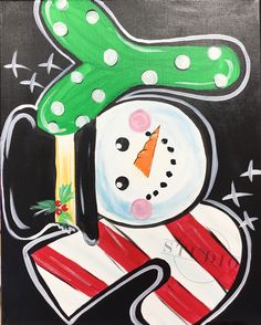 a painting of a snowman with a green hat and scarf on it's head