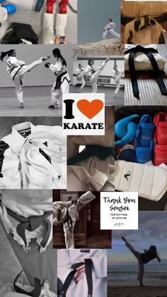 i love karate collage with images of people doing different things in the background and words that read, i love karate thank you