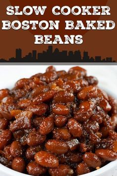 slow cooker boston baked beans in a white bowl with text overlay that reads, slow cooker boston baked beans