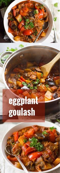 two pictures of eggplant goulash with carrots and parsley