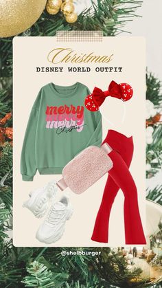 Disney World Christmas Outfit - red, green, & pink - green merry sweatshirt with red and pink font - red flared leggings - red and white pearl Disney World ears - pink Sherpa belt bag - white sneakers (these are great for walking - I own them!) Follow my shop @shelbburger on the @shop.LTK app to shop this post and get my exclusive app-only content! #liketkit #LTKtravel #LTKHoliday #LTKsalealert @shop.ltk https://liketk.it/4pQxW Disney Park Christmas Outfits, Disney Outfits Winter Women, Disney Night Outfit, Red Pink And Green Christmas, Fall Outfits2023, Disney Outfits Women Christmas, Christmas Disney Outfits Women, Christmas Disney World Outfits