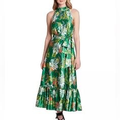 This Dress Is Even More Gorgeous In Person. Featuring Tropical Print With A Ruffle Hem And Mock Neckline. The Dress Ties At The Back On The Top And At The Waist. Never Been Worn! Green Floral Print Holiday Dress, Holiday Green Floral Print Dress, Elegant Sleeveless Dress With Tropical Print, Fitted Green Maxi Dress For Holiday, Elegant Tropical Print Midi Dress, Green Sleeveless Midi Dress With Tropical Print, Green Tropical Print Dress For Holiday, A Line Maxi Dress, Mock Neckline