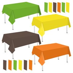 four different colors of tablecloths on white sticks and one is orange, yellow, green, brown