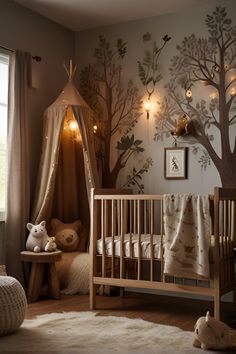 a baby's room decorated in neutral tones with trees and birds on the wall