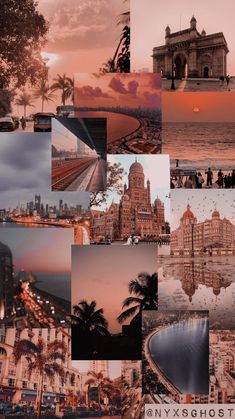 a collage of photos with buildings and water in the background at sunset or sunrise