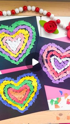 paper hearts are arranged on the table for valentine's day crafting activity with flowers and beads