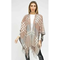 SO SOFT OVERSIZED PLAID RUANA WITH FRINGE Size: One Size.  Color: Beige.  Gender: female.  Age Group: adult. Chunky Infinity Scarves, Shawl Wrap, Pull On Pants, Jones New York, Infinity Scarf, Cloth Bags, Scarf Wrap, Scarf Accessory, Camel