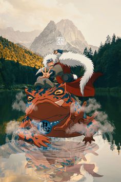 an anime character riding on the back of a dragon in front of a mountain lake