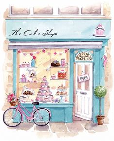 a watercolor painting of a cake shop with a pink bicycle